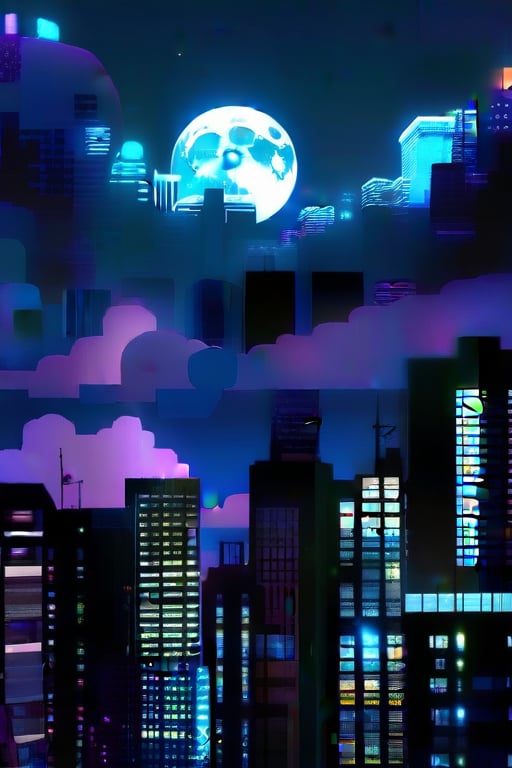 night, cloud lumened by city, bright moon, dark-gray-purple sky; sky scrapers square and rectangular skyscrapers with white frequent square windows, shades of skyscraper windows: dark blue, dark turquoise. The roofs of skyscrapers from dark squares or illuminated with a dim blue border,