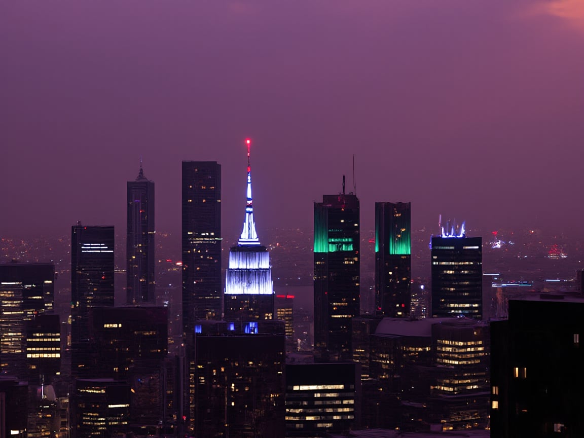 dark orange clouds illuminated by the city, purple sky, square and rectangular skyscrapers with white frequent square windows, shades of skyscraper windows light green, blue, dark blue, dark turquoise. The roofs of skyscrapers from dark squares to squares are illuminated with a dim blue square border, some skyscrapers are topped with red lights in the corners, and a red diode is installed above one skyscraper to warn airplanes.