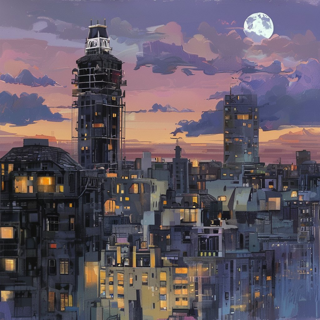 night, cloud lumened by city, bright moon, dark-gray-purple sky; sky scrapers square and rectangular skyscrapers with white frequent square windows, shades of skyscraper windows: dark blue, dark turquoise. The roofs of skyscrapers from dark squares or illuminated with a dim blue border,