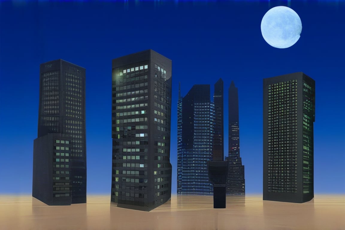 night, dark blue sky with blurry white clouds, full moon, black rectangular skyscrapers with small windows in which white light is visible, metal superstructures are visible at the tops of skyscrapers, brown cubes and a few gray cubes are visible at the base of skyscrapers, the earth is brown mud or clay