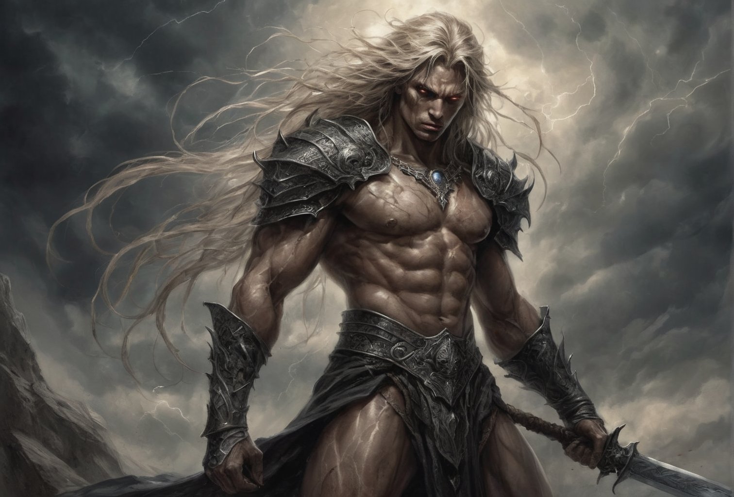 Create a portrait of the main antagonist of the demigod, he has long, flowing hair the color of storm clouds, serpentine creature with scales as black as night, glowing eyes like lightning, and razor-sharp teeth. </br> It is impossible to tell its age or gender as it is a mythological creature. captivating with mystery and at the same time repulsive, from whose gaze your throat dries up and you are speechless, but you can feel his strong spirit and sense of heroism, so that sometimes you don't understand whether he is a villain or a hero in front of you.
Style of Medieval fantasy warrior art by Luis Royo. tan, black, tan, blanchedalmond colors. 8K HD.