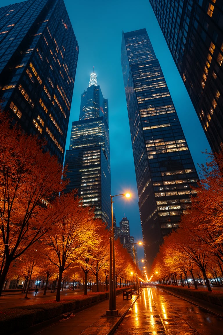 Night, autumn, skyscrapers with orange windows, lanterns highlight the golden foliage of the trees and are reflected in the glass of the skyscrapers