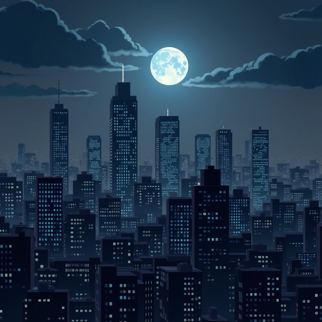 night, cloud lumened by city, bright moon, dark-gray-purple sky; sky scrapers square and rectangular skyscrapers with white frequent square windows, shades of skyscraper windows: dark blue, dark turquoise. The roofs of skyscrapers from dark squares or illuminated with a dim blue border,