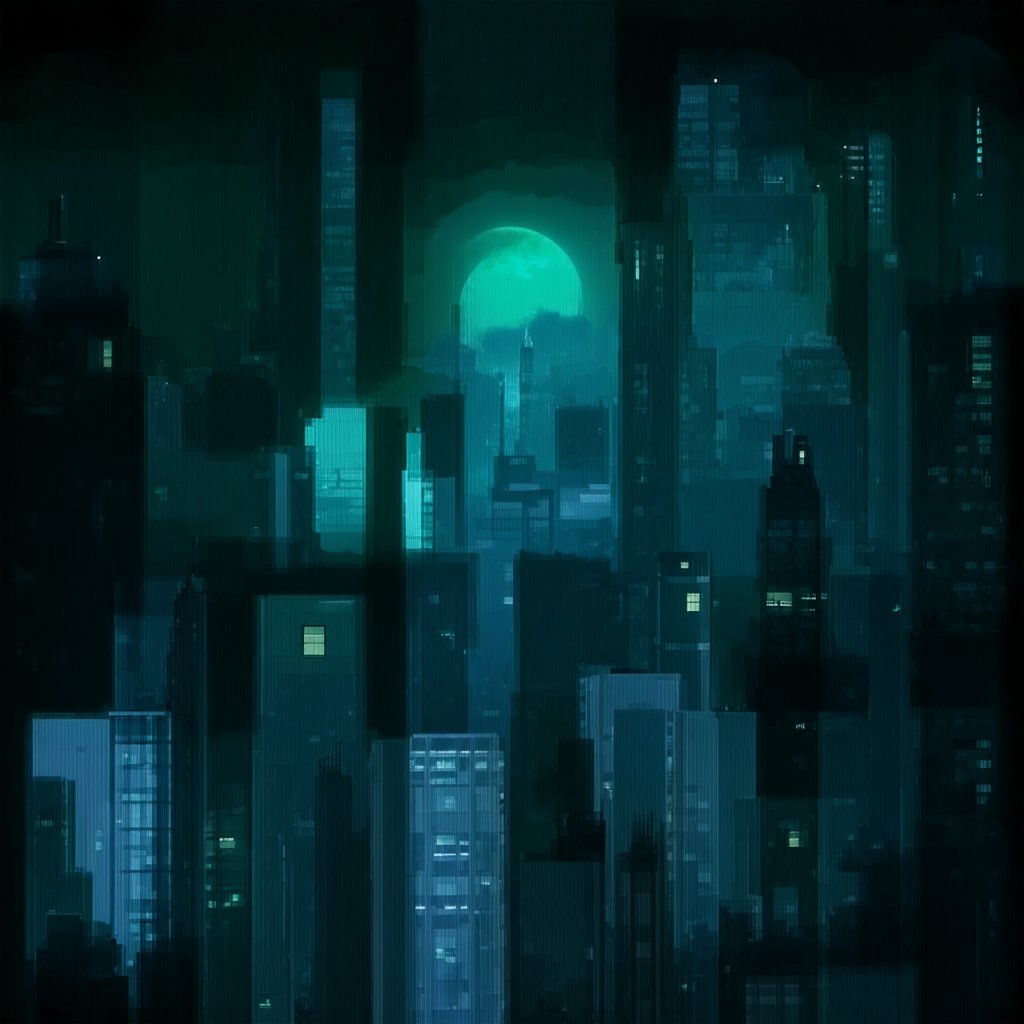 night, cloud lumened by city, bright moon, dark-green sky; sky scrapers square and rectangular skyscrapers with white frequent square windows, shades of skyscraper windows: dark green, dark turquoise. The roofs of skyscrapers from dark squares or illuminated with a dim blue border,