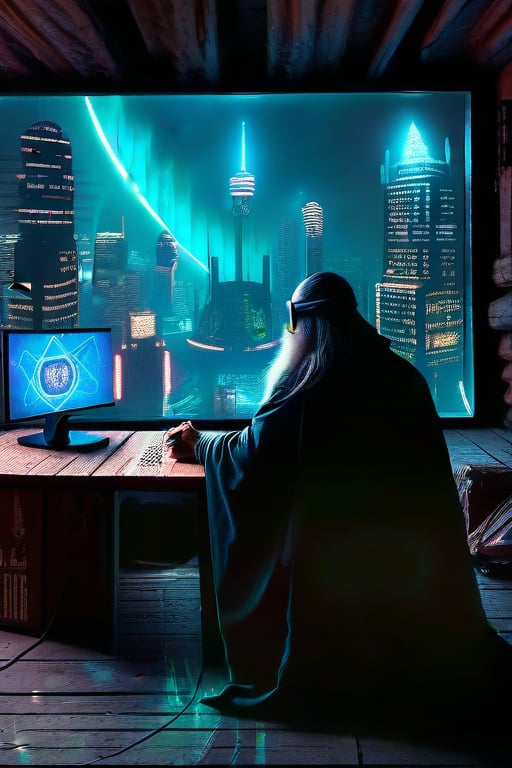 A homeless person who sits at a wooden table in front of a square black monitor and it generates images of a futuristic city, there is a dark system unit on the floor, he has long gray hair with a gray beard of about 55 years old, he is dressed in a dark brown wizard's cape, the environment is a typical homeless person's home, a semi-dump, in the open wall you can see a bright futuristic night city.