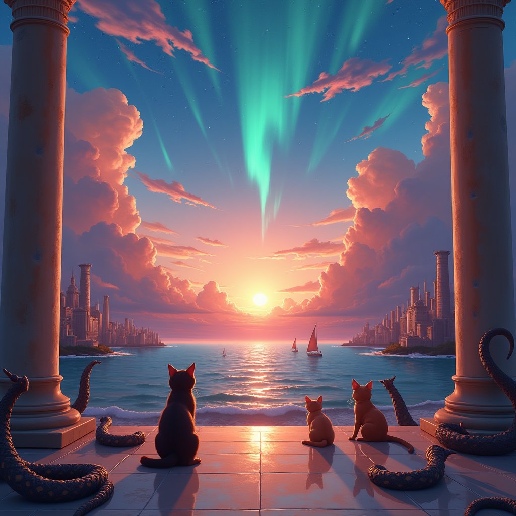 painting of A sky filled with a vibrant aurora borealis illuminating a city with grand columns while cats roam the streets and serpentine creatures swim in the oceans. Style of Cute cats and kittens with a mirror background. rosybrown, chocolate, sandybrown, darkred colors. 8K HD.