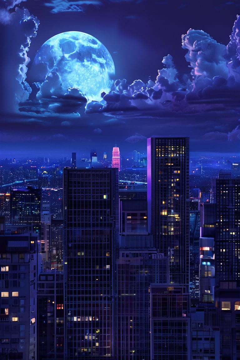 night, cloud lumened by city, bright moon, dark-gray-purple sky; sky scrapers square and rectangular skyscrapers with white frequent square windows, shades of skyscraper windows: dark blue, dark turquoise. The roofs of skyscrapers from dark squares or illuminated with a dim blue border,