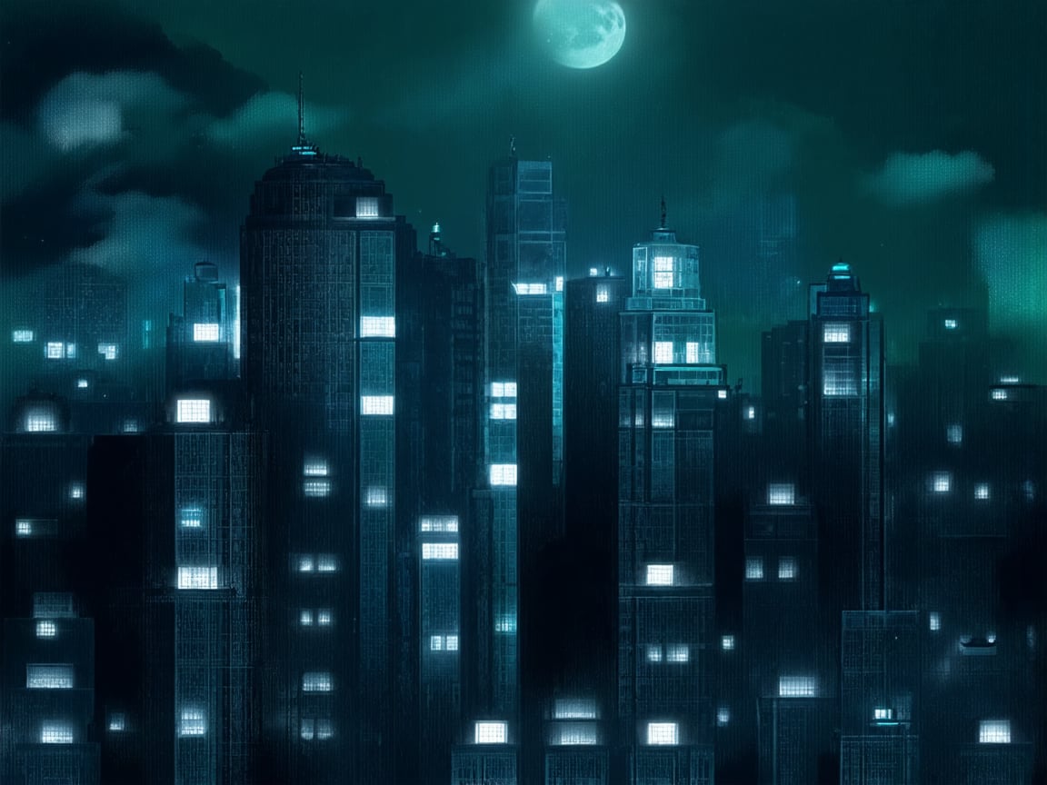 night, cloud lumened by city, bright moon, dark-green sky; sky scrapers square and rectangular skyscrapers with white frequent square windows, shades of skyscraper windows: dark blue, dark turquoise. The roofs of skyscrapers from dark squares or illuminated with a dim blue border,