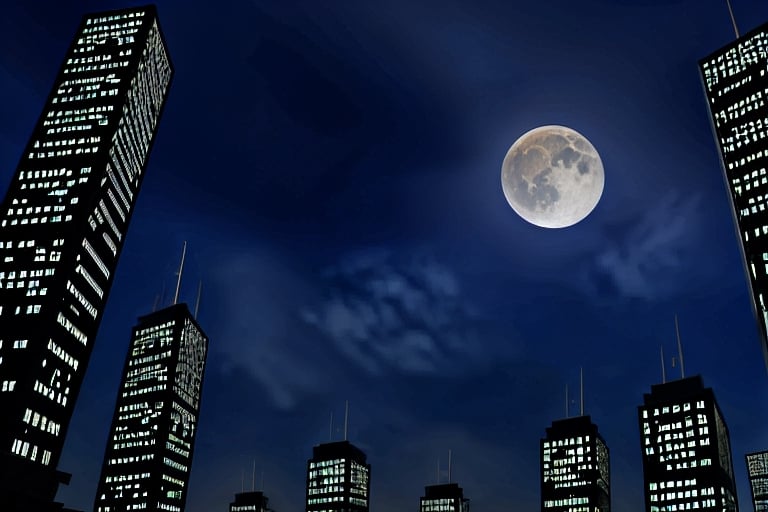 night, dark blue sky with blurry white clouds, full moon, black rectangular skyscrapers with small windows in which white light is visible, metal superstructures are visible at the tops of skyscrapers, brown cubes and a few gray cubes are visible at the base of skyscrapers, the earth is brown mud or clay, far focus, twinkling windows and stars, brilliant coloring, crispy quality, vray; Pixar, ; HD, HDR, SF, CGSociety, 16k, photorealistic, unreal engine