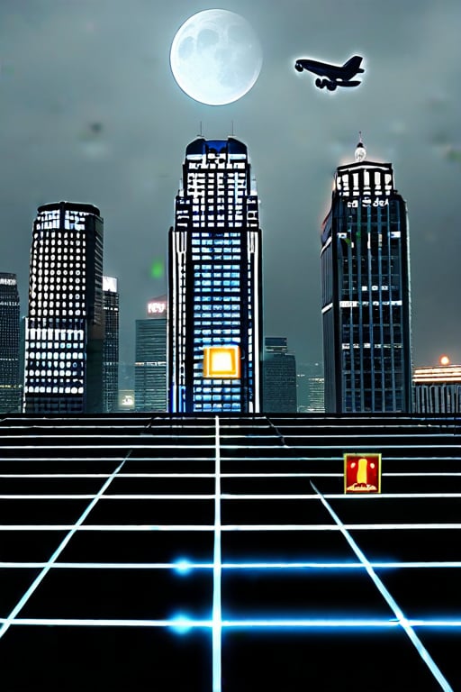 a group of gold square-shaped ornaments on black ground surrounded by gray lines, and gray ornaments with rectangular lines; light bluish gray-light skyscrapers, sometimes with a light greenish tint, with frequent square windows, above two skyscrapers there is a red diode warning aircraft; with a dark gray sky and a clear gray sky illuminated by a bright white-blue moon,