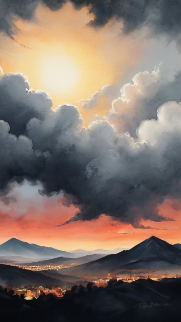 Start with the sky: use a soft bristled brush to create dense gray clouds. Use gray watercolor or gouache, mixed lightly with white to add dimension. Next, color the edges of the clouds red: use red mixed with orange to simulate the glow from the sun. Smoothly transition from gray to red. Sun: Paint a small circle of golden color at the edge of the clouds, making it more intense in the center and paler towards the edges. Mountains in the distance: Go with dark gray and a hint of blue to create the look of distant mountains. Mark the contours of industrial structures and buildings with thin lines using white paint or a thin pencil. Nearby Mountains: Use darker shades of gray to make them stand out against the distant mountains. Also add shadows of the clouds to show that they are closer. Outline industrial forms darker to show their outlines. Front exposed black mountains: use black paint for definition and definition of the lines. Leave small shiny dots or near the outline of the building to show that there is industry there, even if it is hard to see.