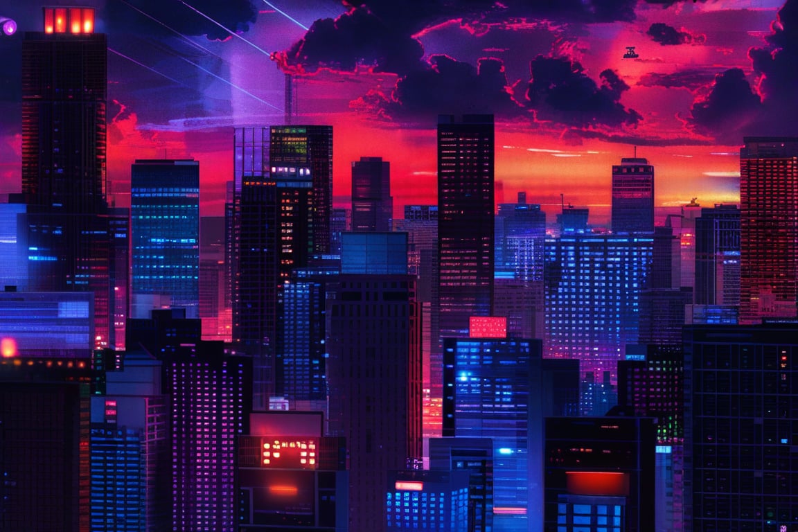 dark orange clouds illuminated by the city, purple sky, square and rectangular skyscrapers with white frequent square windows, shades of skyscraper windows light green, blue, dark blue, dark turquoise. The roofs of skyscrapers from dark squares to squares are illuminated with a dim blue square border, some skyscrapers are topped with red lights in the corners, and a red diode is installed above one skyscraper to warn airplanes.