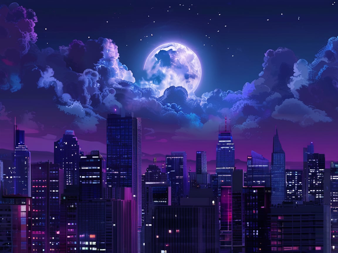 night, cloud lumened by city, bright moon, dark-gray-purple sky; sky scrapers square and rectangular skyscrapers with white frequent square windows, shades of skyscraper windows: dark blue, dark turquoise. The roofs of skyscrapers from dark squares or illuminated with a dim blue border,