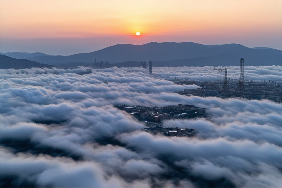 a dense layer of gray clouds illuminated in light rose color from above, a small golden sun, light gray mountains in the distance on the horizon among which power plants and industrial buildings can be seen, closer gray mountains on the horizon among which power plants and industrial buildings can be seen, black mountains on the horizon among which power plants and industrial buildings can be seen,