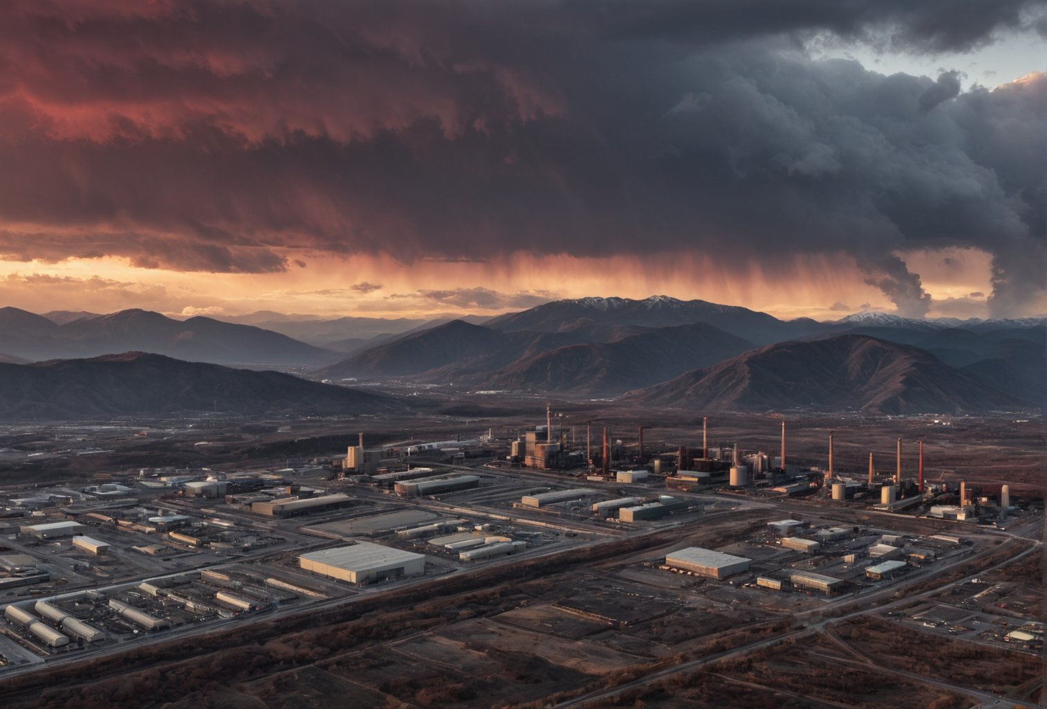 The image depicts a dramatic and industrial landscape. A thick layer of gray clouds dominates the sky, illuminated in a deep red hue from above. Amidst the clouds, a small golden sun peeks out, adding a touch of warmth to the otherwise gloomy atmosphere. In the distance, on the horizon, a range of gray mountains stretches across the landscape. Among these mountains, power plants and industrial buildings can be seen, their structures blending into the rugged terrain. Closer to the foreground, the mountains take on a darker tone, gradually transitioning to black mountains that loom in the distance. These black mountains are also dotted with power plants and industrial buildings, casting long shadows in the fading light.