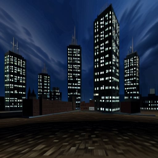 night, dark blue sky with blurry white clouds, full moon, black rectangular skyscrapers with small windows in which white light is visible, metal superstructures are visible at the tops of skyscrapers, brown cubes and a few gray cubes are visible at the base of skyscrapers, the earth is brown mud or clay, far focus, twinkling windows and stars, brilliant coloring, crispy quality, vray; Pixar, ; HD, HDR, SF, CGSociety, 16k, photorealistic, unreal engine