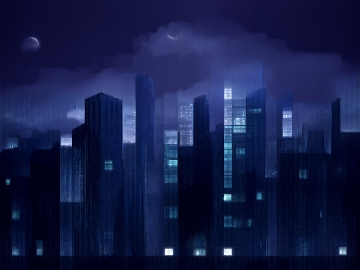 night, cloud lumened by city, bright moon, dark-gray-purple sky; sky scrapers square and rectangular skyscrapers with white frequent square windows, shades of skyscraper windows: dark blue, dark turquoise. The roofs of skyscrapers from dark squares or illuminated with a dim blue border,