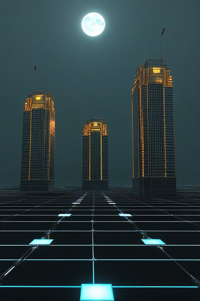 a group of gold square-shaped ornaments on black ground surrounded by gray lines, and gray ornaments with rectangular lines; light bluish gray-light skyscrapers, sometimes with a light greenish tint, with frequent square windows, above two skyscrapers there is a red diode warning aircraft; with a dark gray sky and a clear gray sky illuminated by a bright white-blue moon,