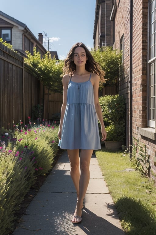 summer, a girl in a light dress with loose hair, linden alley, gentle morning sun, light breeze, blue sky, flowers, photo realism,