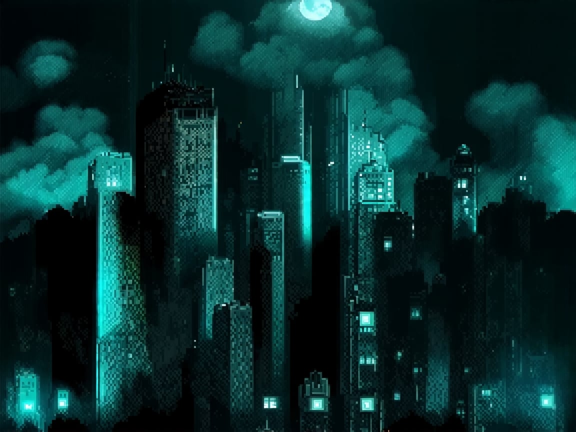 night, cloud lumened by city, bright moon, dark-green sky; sky scrapers square and rectangular skyscrapers with white frequent square windows, shades of skyscraper windows: dark green, dark turquoise. The roofs of skyscrapers from dark squares or illuminated with a dim blue border,