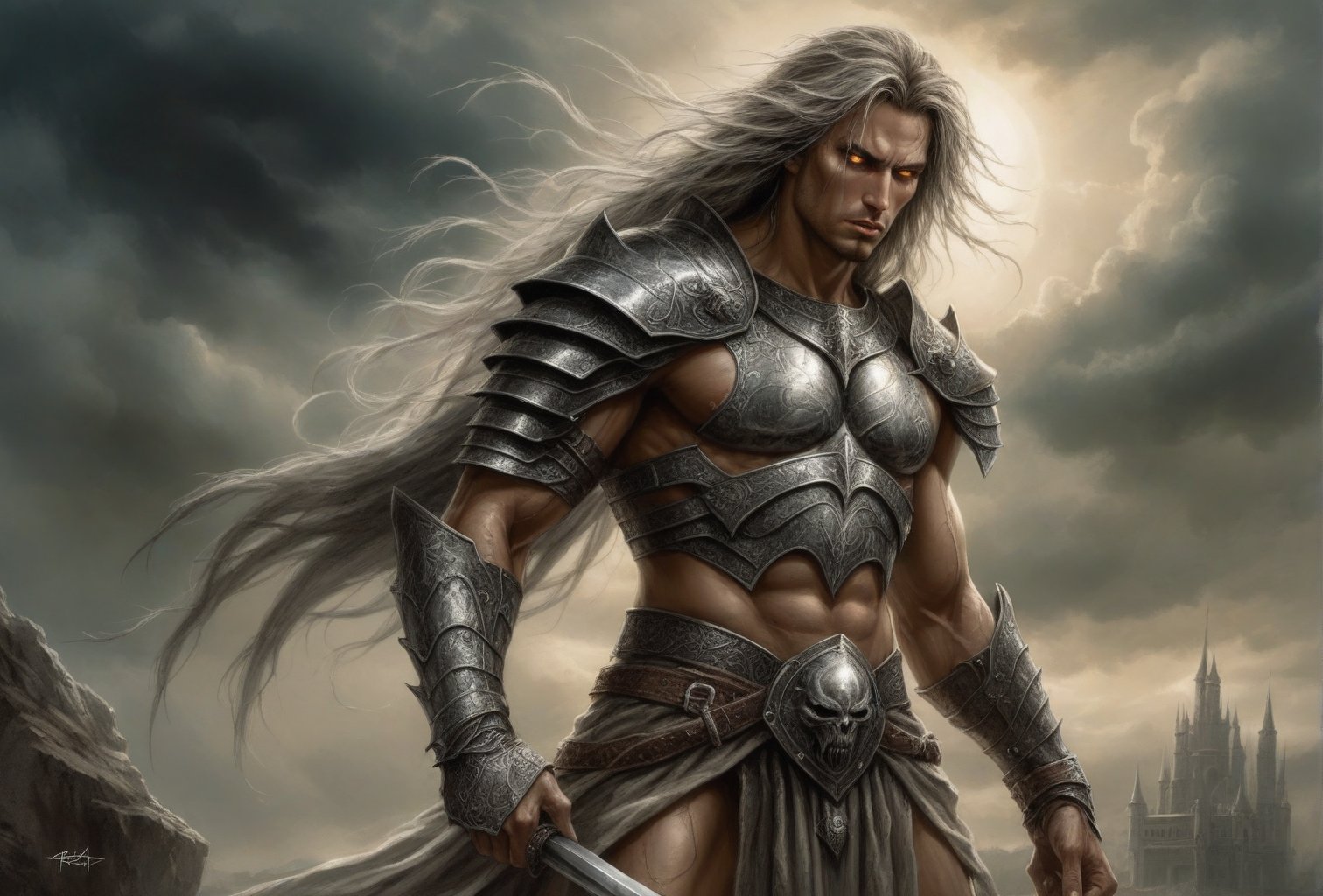 Create a portrait of the main antagonist of the demigod, he has long, flowing hair the color of storm clouds, serpentine creature with scales as black as night, glowing eyes like lightning, and razor-sharp teeth. </br> It is impossible to tell its age or gender as it is a mythological creature. captivating with mystery and at the same time repulsive, from whose gaze your throat dries up and you are speechless, but you can feel his strong spirit and sense of heroism, so that sometimes you donТt understand whether he is a villain or a hero in front of you. Style of Medieval fantasy warrior art by Luis Royo. tan, black, tan, blanchedalmond colors. 8K HD.