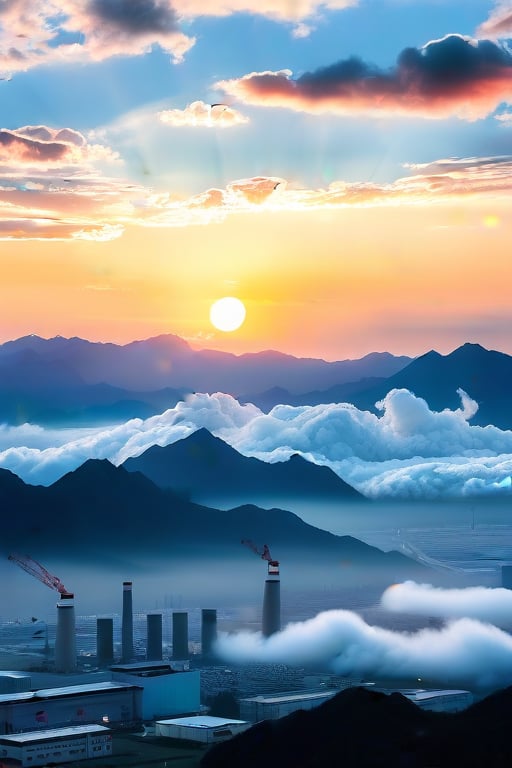 a dense layer of gray clouds illuminated in light rose color from above, a small golden sun, light gray mountains in the distance on the horizon among which power plants and industrial buildings can be seen, closer gray mountains on the horizon among which power plants and industrial buildings can be seen, black mountains on the horizon among which power plants and industrial buildings can be seen,