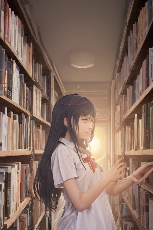 contrast manga, character, anime girl with bangs and medium-long hair in the school library, feels the breath of spring and the sun, the sun falling on the shelves in the school library, creates a feeling of morning and at the same time has the charm of sunset, but in reality it is not clear what time, as if it it was out of time, or it was day, so good that it seems that now it will always be like this.