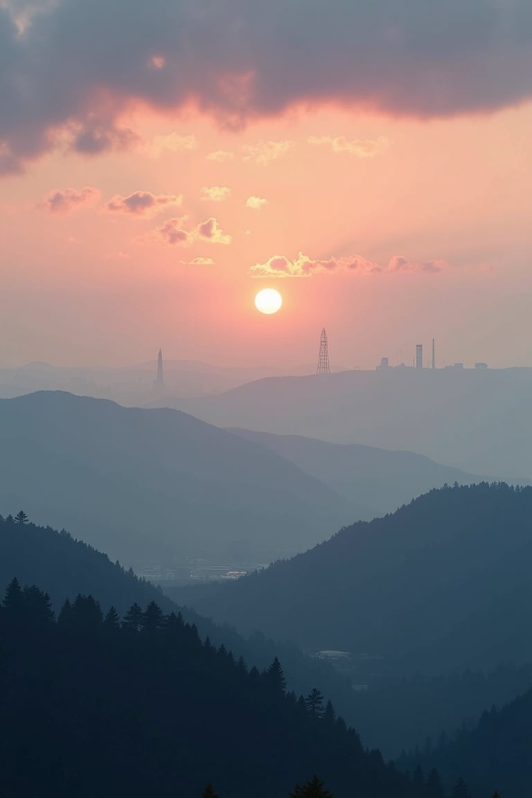 a dense layer of gray clouds illuminated in light rose color from above, a small golden sun, light gray mountains in the distance on the horizon among which power plants and industrial buildings can be seen, closer gray mountains on the horizon among which power plants and industrial buildings can be seen, black mountains on the horizon among which power plants and industrial buildings can be seen,