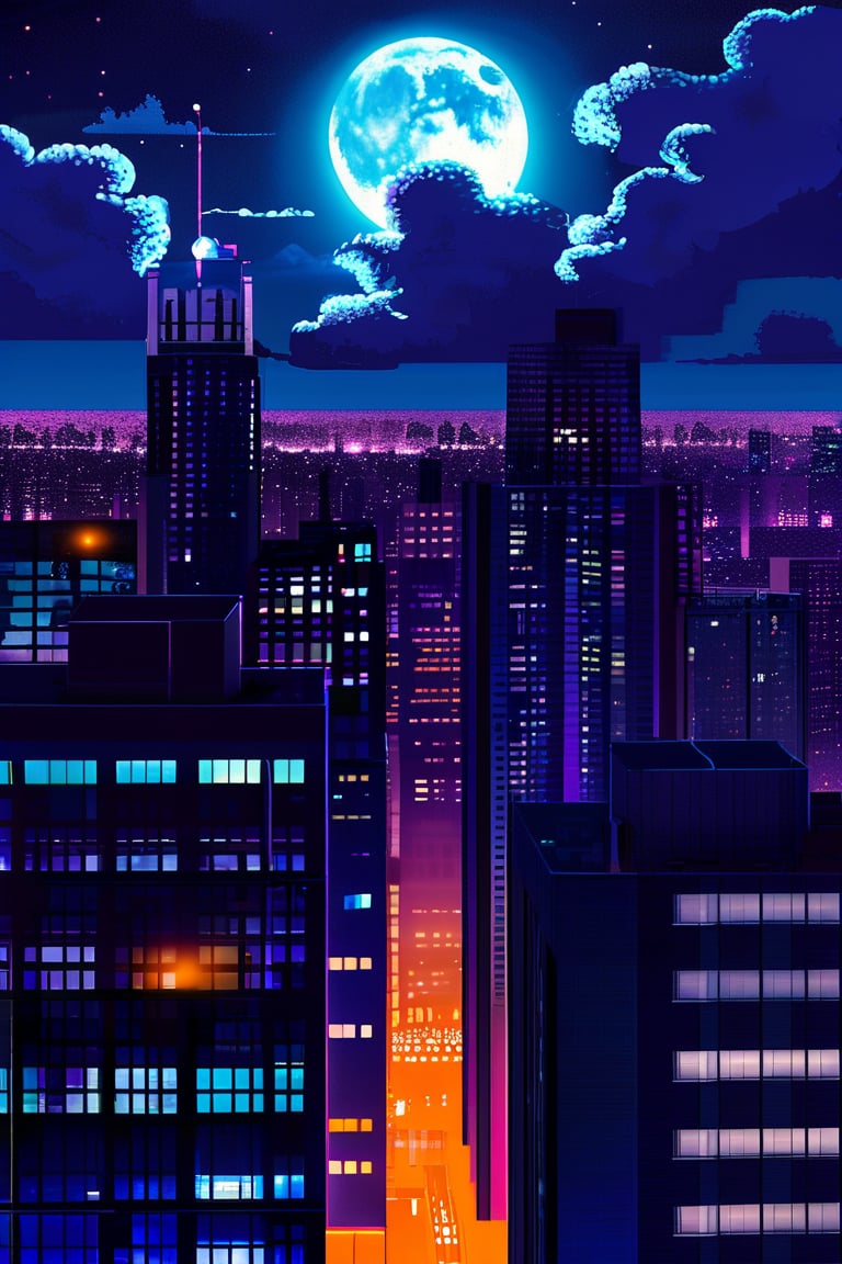 night, dark-orange cloud lumened by city, bright moon, dark-gray-purple sky; sky scrapers square and rectangular skyscrapers with white frequent square windows, shades of skyscraper windows: dark blue, dark turquoise. The roofs of skyscrapers from dark squares or illuminated with a dim blue border,