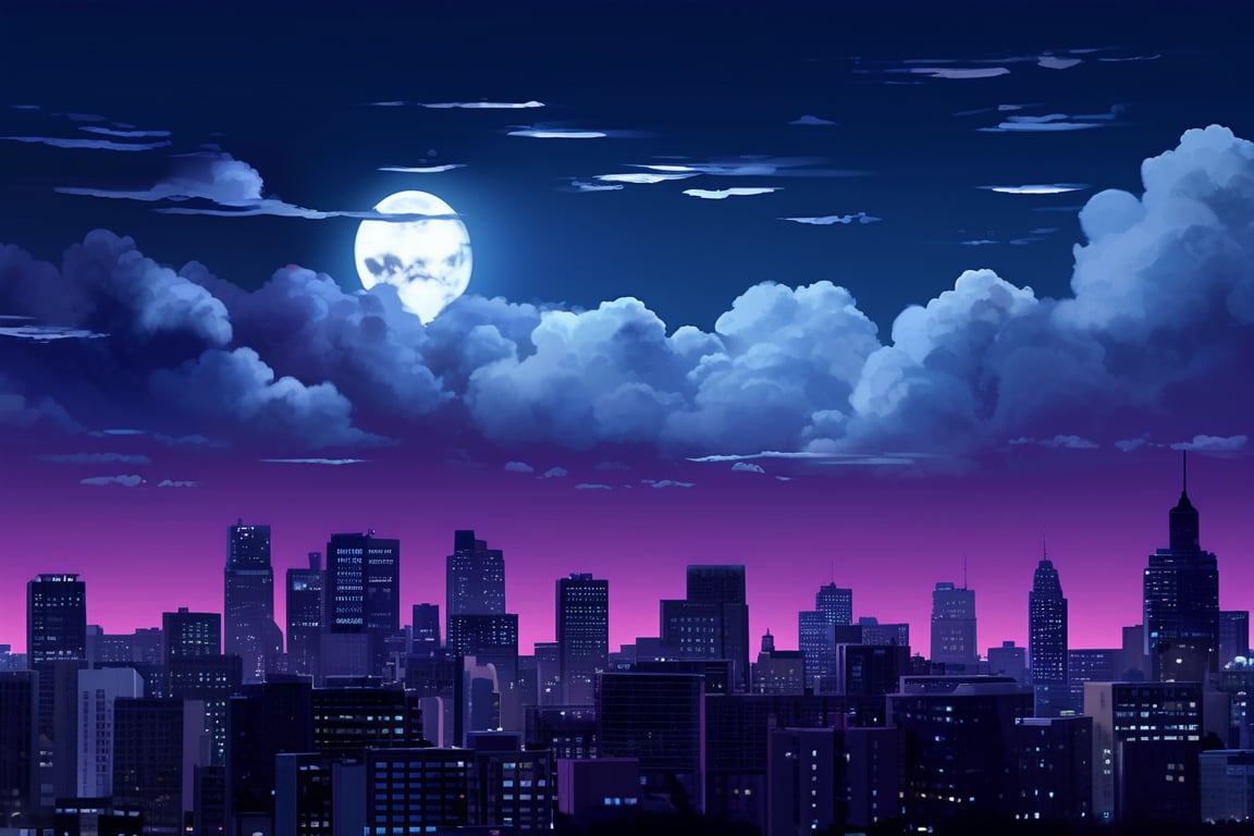 night, cloud lumened by city, bright moon, dark-gray-purple sky; sky scrapers square and rectangular skyscrapers with white frequent square windows, shades of skyscraper windows: dark blue, dark turquoise. The roofs of skyscrapers from dark squares or illuminated with a dim blue border,