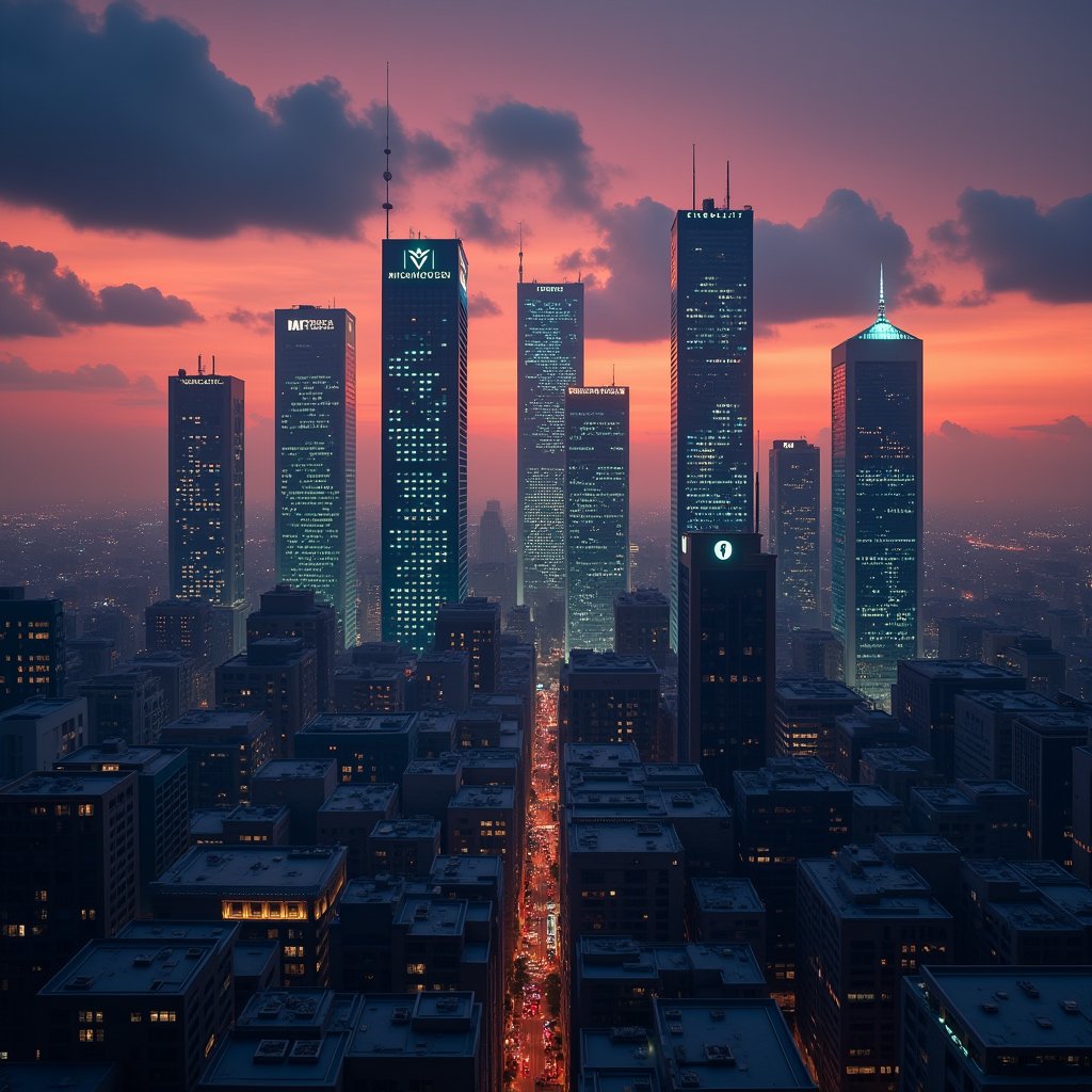 dark orange clouds illuminated by the city, purple sky, square and rectangular skyscrapers with white frequent square windows, shades of skyscraper windows light green, blue, dark blue, dark turquoise. The roofs of skyscrapers from dark squares to squares are illuminated with a dim blue square border, some skyscrapers are topped with diodes.