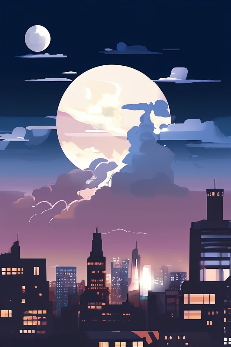 night, cloud lumened by city, bright moon, dark-gray-purple sky; sky scrapers square and rectangular skyscrapers with white frequent square windows, shades of skyscraper windows: dark blue, dark turquoise. The roofs of skyscrapers from dark squares or illuminated with a dim blue border,