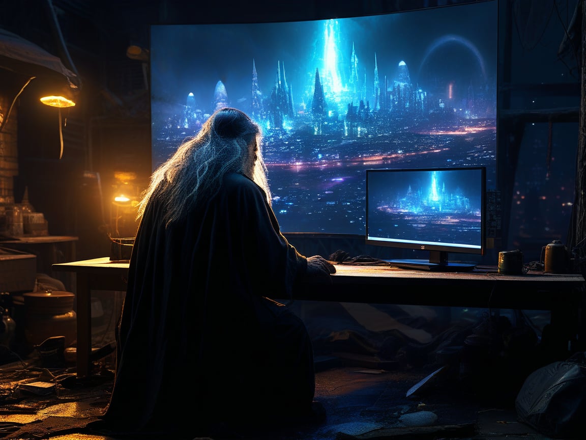 A homeless person who sits at a wooden table in front of a square black monitor and it generates images of a futuristic city, there is a dark system unit on the floor, he has long gray hair with a gray beard of about 55 years old, he is dressed in a dark brown wizard's cape, the environment is a typical homeless person's home, a semi-dump, in the open wall you can see a bright futuristic night city.