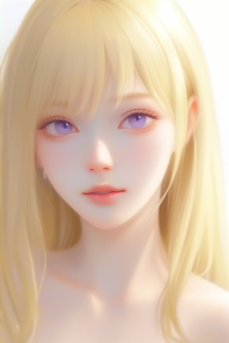 Anime style portrait of a young woman with long straight golden hair and bangs, soft violet eyes, delicate facial features, The expression is serene and slightly melancholic. Soft lighting, pastel color palette. High-quality, detailed anime art style.