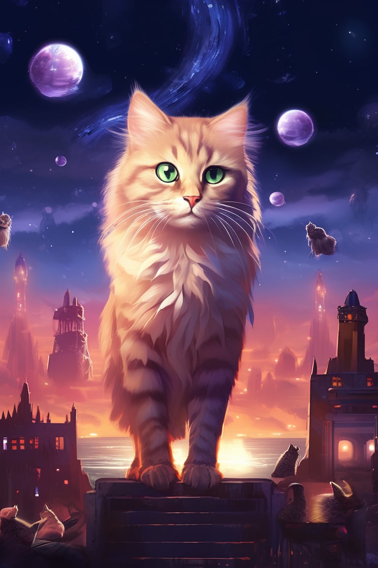 painting of A sky filled with a vibrant aurora borealis illuminating a city with grand columns while cats roam the streets and serpentine creatures swim in the oceans. Style of Cute cats and kittens with a mirror background. rosybrown, chocolate, sandybrown, darkred colors. 8K HD.