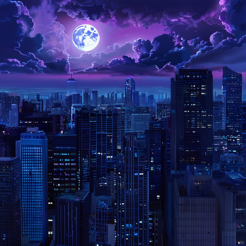 night, cloud lumened by city, bright moon, dark-gray-purple sky; sky scrapers square and rectangular skyscrapers with white frequent square windows, shades of skyscraper windows: dark blue, dark turquoise. The roofs of skyscrapers from dark squares or illuminated with a dim blue border,