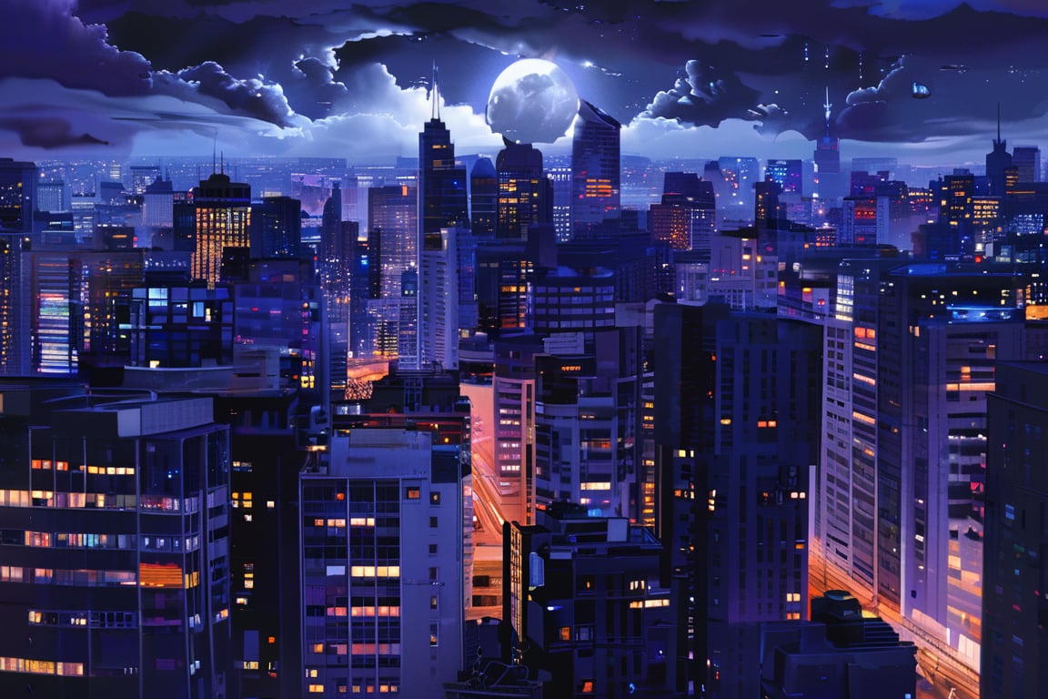 night, cloud lumened by city, bright moon, dark-gray-purple sky; sky scrapers square and rectangular skyscrapers with white frequent square windows, shades of skyscraper windows: dark blue, dark turquoise. The roofs of skyscrapers from dark squares or illuminated with a dim blue border,