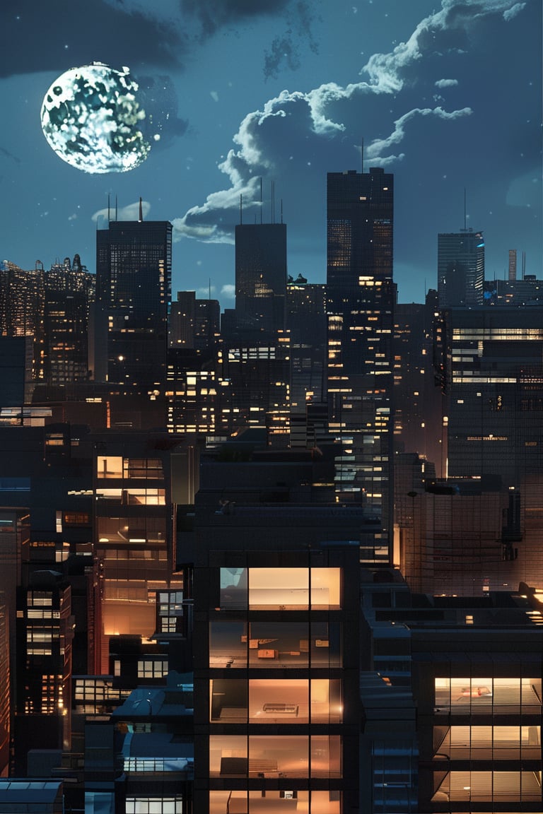 night, dark blue sky with blurry white clouds, full moon, black rectangular skyscrapers with small windows in which white light is visible, metal superstructures are visible at the tops of skyscrapers, brown cubes and a few gray cubes are visible at the base of skyscrapers, the earth is brown mud or clay