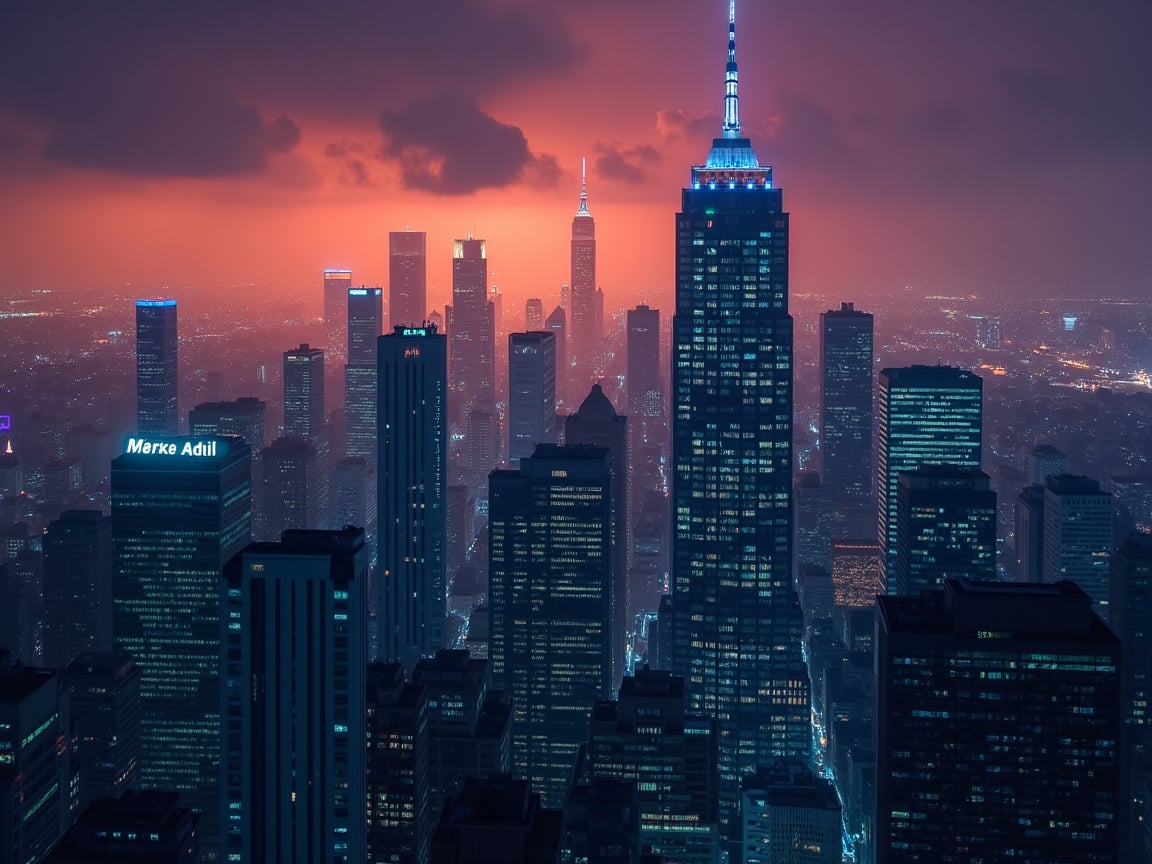 dark orange clouds illuminated by the city, purple sky, square and rectangular skyscrapers with white frequent square windows, shades of skyscraper windows light green, blue, dark blue, dark turquoise. The roofs of skyscrapers from dark squares to squares are illuminated with a dim blue square border, some skyscrapers are topped with diodes.