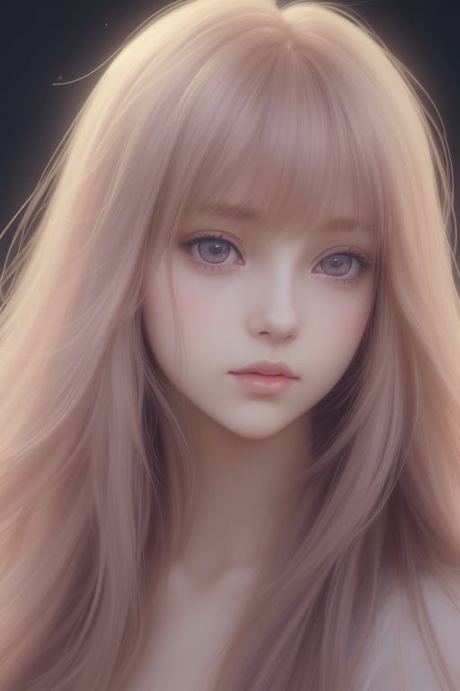 Anime style portrait of a young woman with long straight golden hair and bangs, soft violet eyes, delicate facial features, The expression is serene and slightly melancholic. Soft lighting, pastel color palette. High-quality, detailed anime art style.