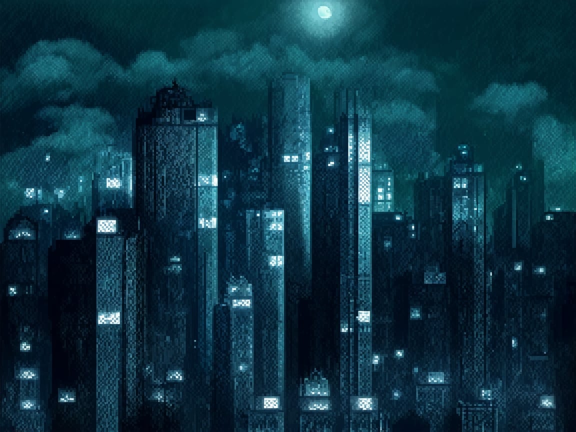 night, cloud lumened by city, bright moon, dark-green sky; sky scrapers square and rectangular skyscrapers with white frequent square windows, shades of skyscraper windows: dark blue, dark turquoise. The roofs of skyscrapers from dark squares or illuminated with a dim blue border,