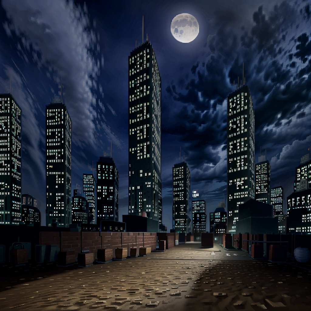 city, night, moon, sky, dirt,