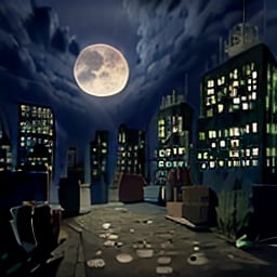 city, night, moon, sky, dirt,