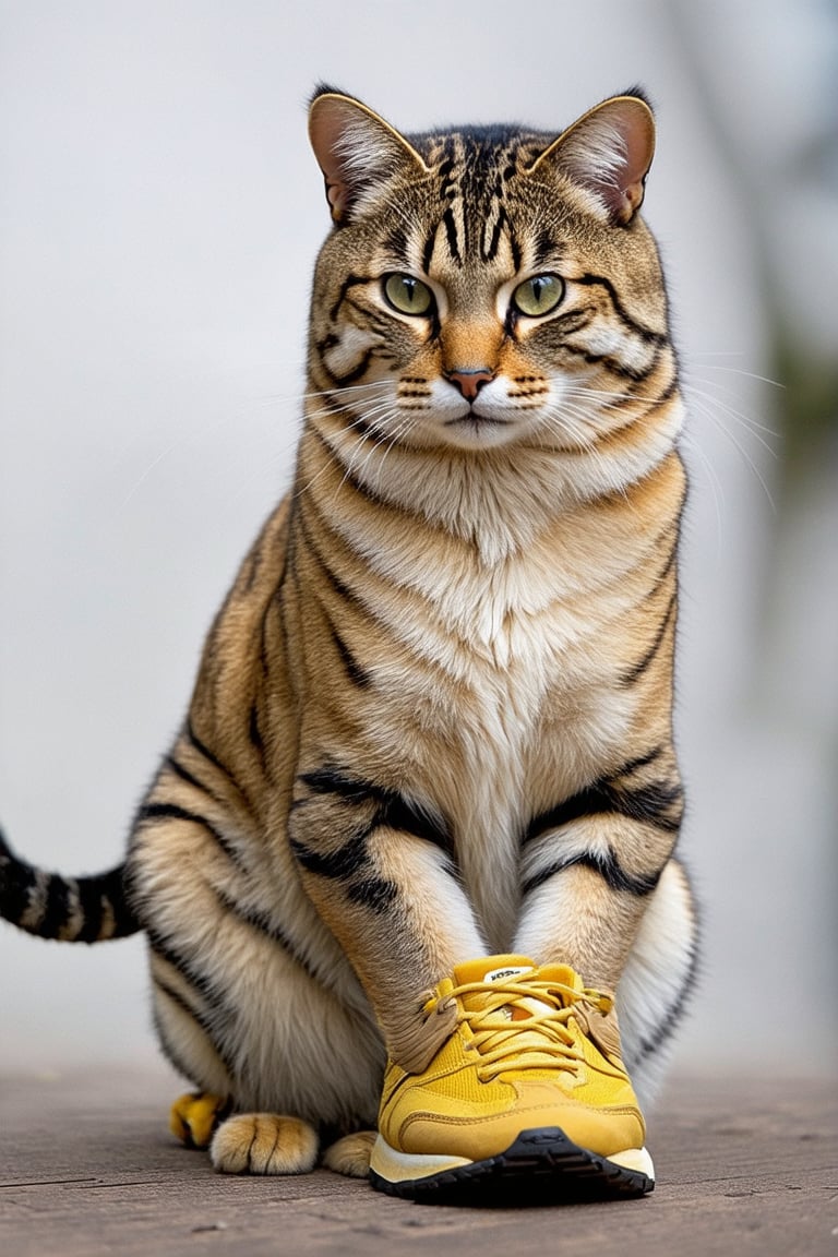 Wow, that's one majestic cat! It's almost like a tiger and a domestic cat had a super cool fusion. wearing yellow sneakers And about that '110', maybe it's part of a top-secret feline mission?