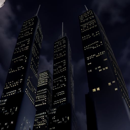 night, dark blue sky with blurry white clouds, full moon, black rectangular skyscrapers with small windows in which white light is visible, metal superstructures are visible at the tops of skyscrapers, brown cubes and a few gray cubes are visible at the base of skyscrapers, the earth is brown mud or clay,