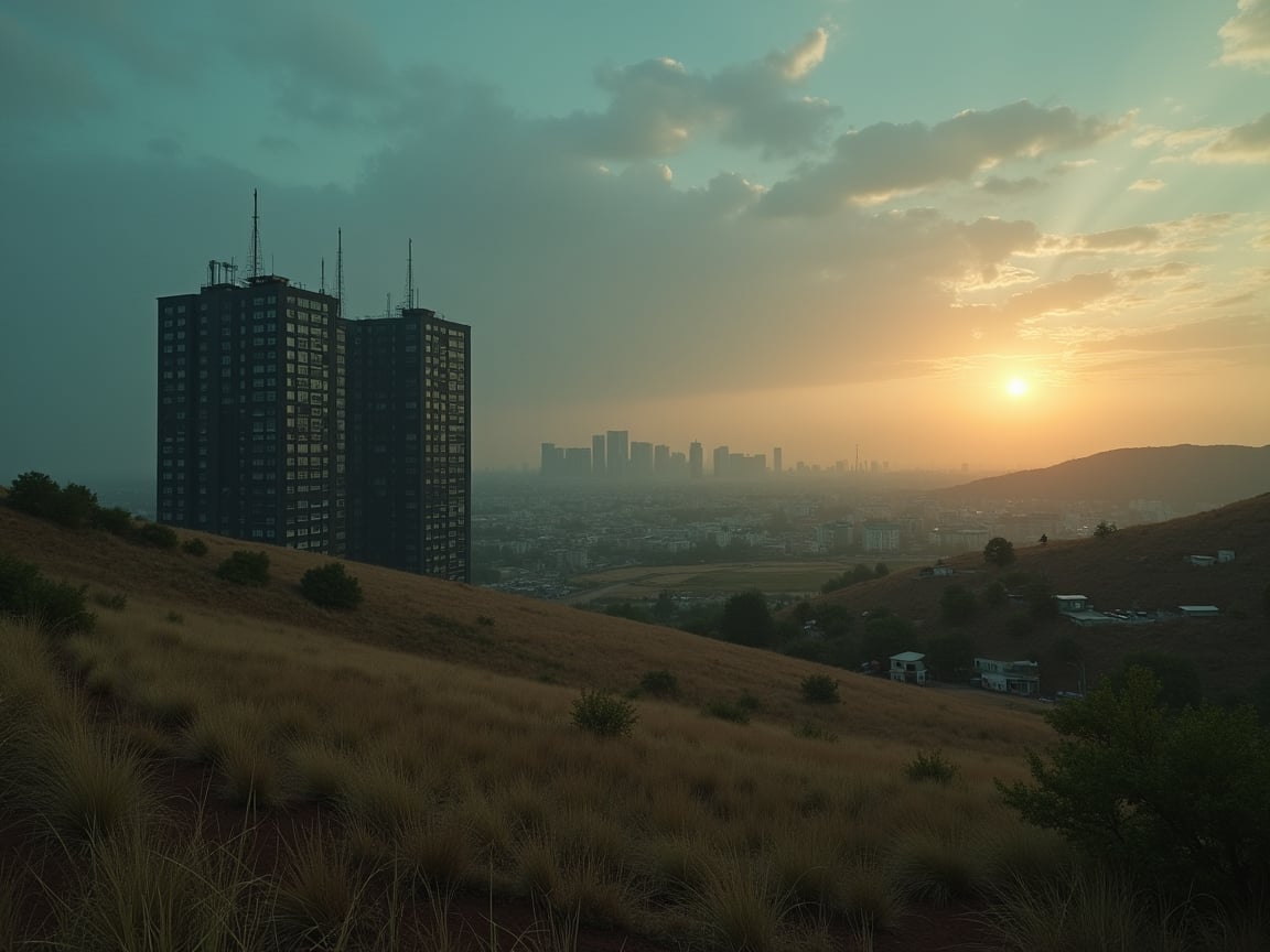 a huge hilly field covered with grass with partially clayey inclusions, green and brown boxes are visible very far away, also behind the hills narrow black skyscrapers with white windows with a yellowish tint are visible, green and brown boxes are visible far away, a dimly lit and dull black building with an orangish glow from sunset, you can see a small white bright advertisement with incomprehensible outlines, black skyscrapers with light yellow windows topped with metal structures standing right in the middle of the field reflect the light of the moon, in the distance you can see small two-story buildings with very small windows and a chimney, a little closer near the skyscrapers you can also see small two-story buildings buildings with very small windows and a chimney, not all skyscrapers are topped with metal structures, the sky on the horizon is from dark red to yellowish which sees off the departing sun, the moon is on the opposite side, the sky is soft blue topped by the moon on the opposite side of the sun, and a few stars, clouds light white very transparent barely visible,