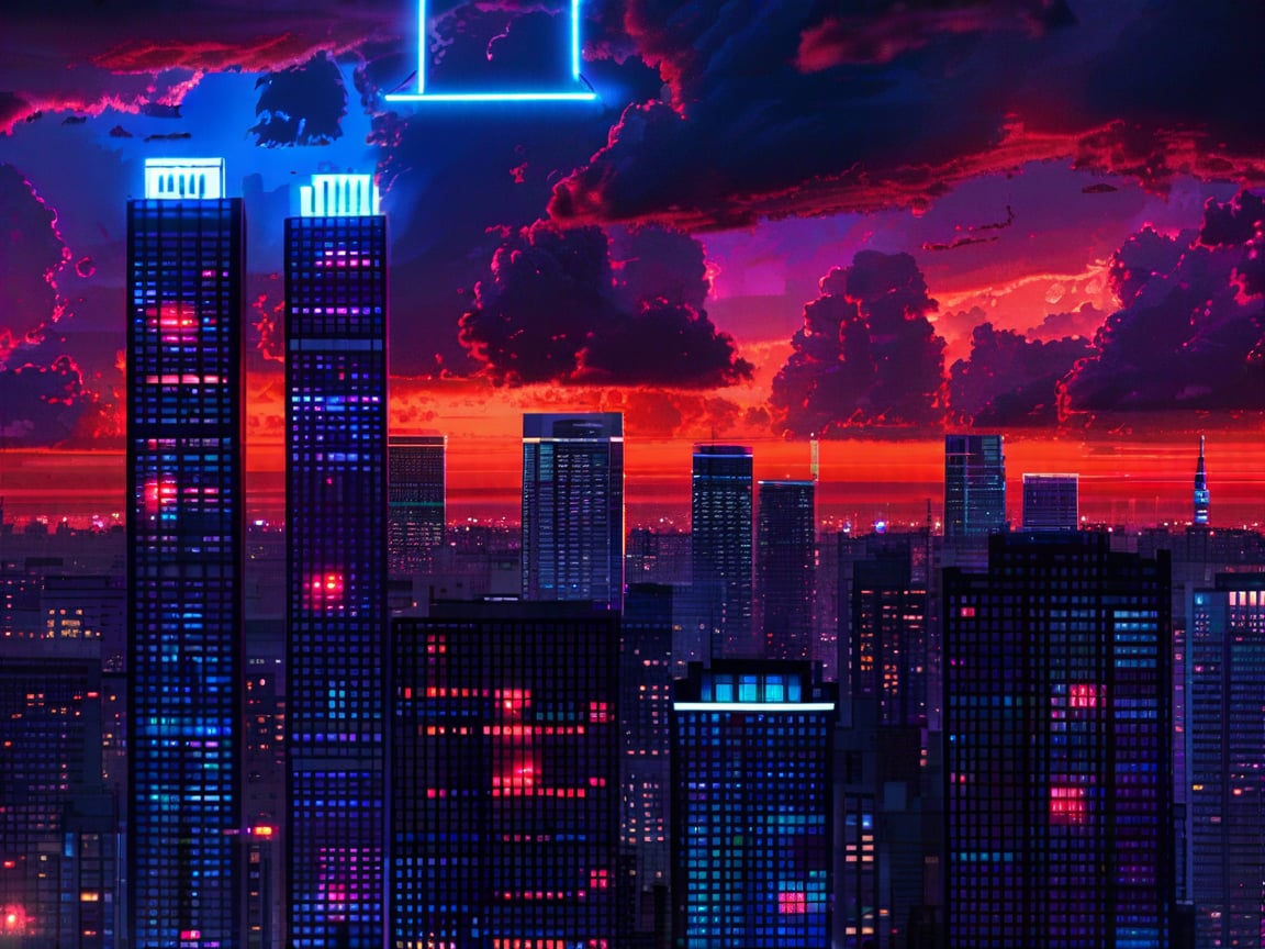 dark orange clouds illuminated by the city, purple sky, square and rectangular skyscrapers with white frequent square windows, shades of skyscraper windows light green, blue, dark blue, dark turquoise. The roofs of skyscrapers from dark squares to squares are illuminated with a dim blue square border, some skyscrapers are topped with red lights in the corners, and a red diode is installed above one skyscraper to warn.