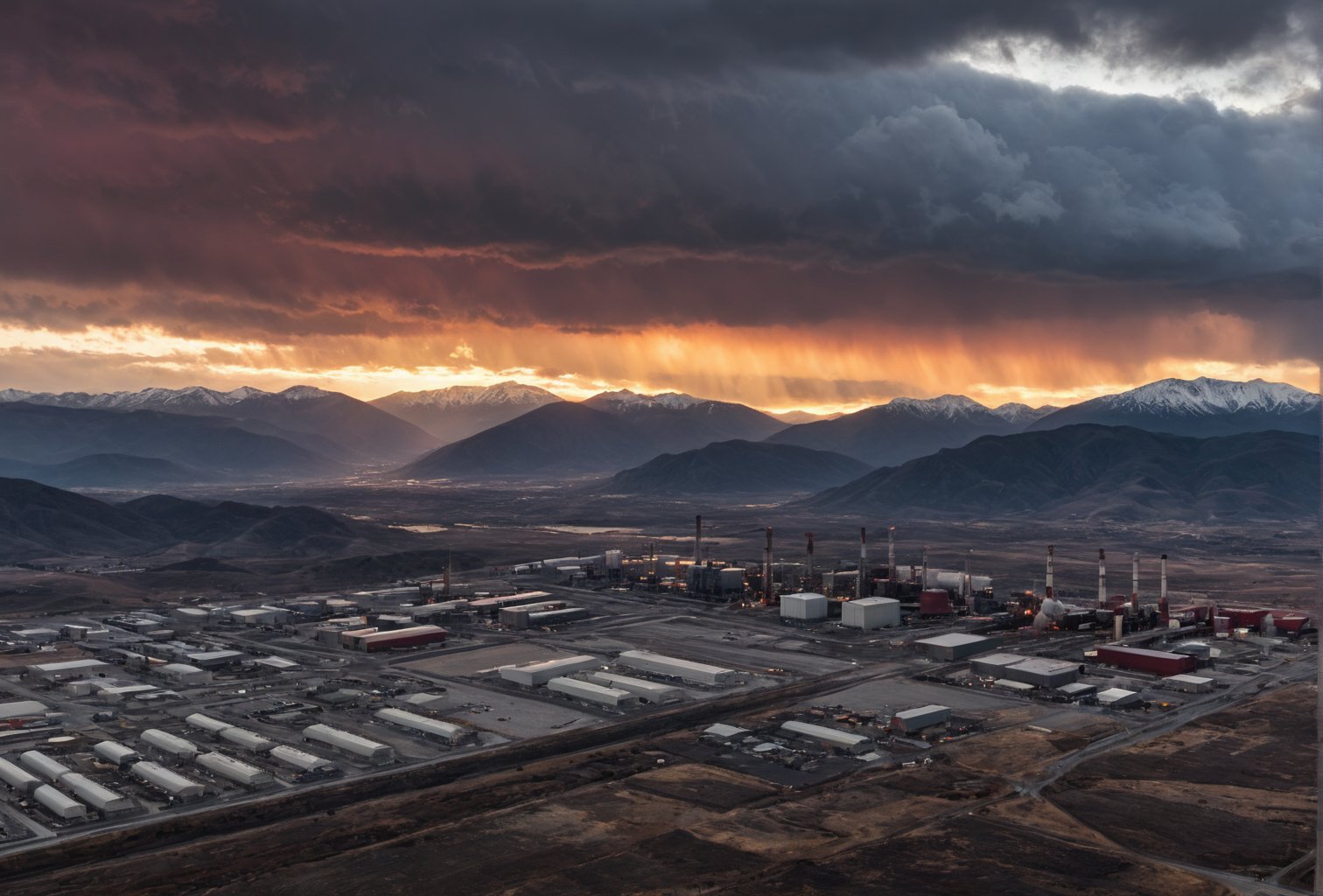 The image depicts a dramatic and industrial landscape. A thick layer of gray clouds dominates the sky, illuminated in a deep red hue from above. Amidst the clouds, a small golden sun peeks out, adding a touch of warmth to the otherwise gloomy atmosphere. In the distance, on the horizon, a range of gray mountains stretches across the landscape. Among these mountains, power plants and industrial buildings can be seen, their structures blending into the rugged terrain. Closer to the foreground, the mountains take on a darker tone, gradually transitioning to black mountains that loom in the distance. These black mountains are also dotted with power plants and industrial buildings, casting long shadows in the fading light.