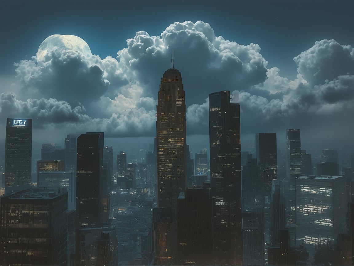 night, cloud lumened by city, bright moon, dark-green sky; sky scrapers square and rectangular skyscrapers with white frequent square windows, shades of skyscraper windows: dark blue, dark turquoise. The roofs of skyscrapers from dark squares or illuminated with a dim blue border,