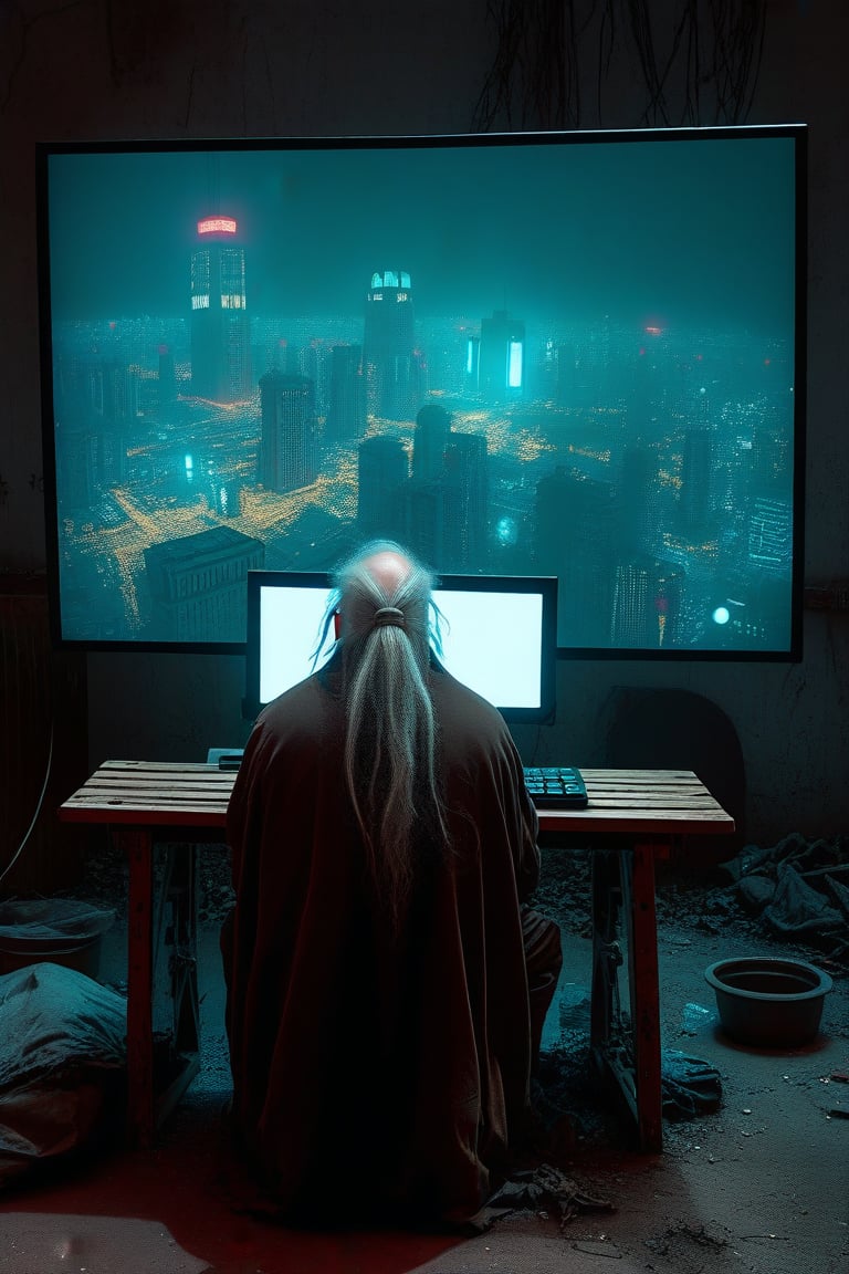 A homeless person who sits at a wooden table in front of a square black monitor and it generates images of a futuristic city, there is a dark system unit on the floor, he has long gray hair with a gray beard of about 55 years old, he is dressed in a dark brown wizard's cape, the environment is a typical homeless person's home, a semi-dump, in the open wall you can see a bright futuristic night city.